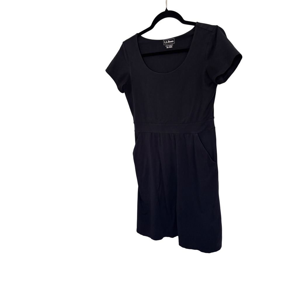 LL Bean Womens Knit Pocket Dress XS Reg Black Scoop Neck Gorpcore Modest Comfort